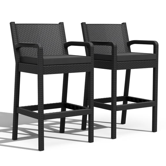 2 Pack Patio Wicker Bar Stools, 30'' Counter Height Barstools with Backrest, Footrest & Thickened Cushions, All-Weather Rattan Bar Chairs for Backyard, Poolside, Balcony, Black