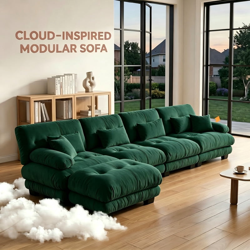 ANPPORT Cloud Couch Sleeper Sofa, Chenille Green 4-Seater Modular Sofa with 1 Ottomans, 4 Lumbar pillows, 2 Pillows, Comfy Deep Seat Cloud Sofa, Convertible L-Shaped Floor Couch for Living Room