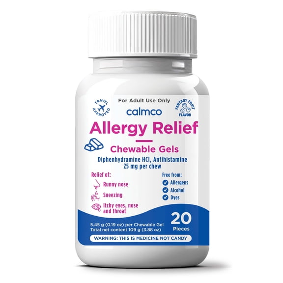 CalmCo Adult Allergy Relief Chewable Gels with Diphenhydramine - Chewable Antihistamine for Sneezing, Runny Nose & Itchy Eyes, Nighttime Allergy Medicine for Ages 12 , Fantasy Fruit Flavor, 20 Count