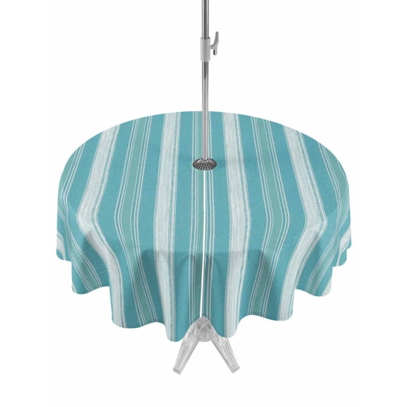 Outdoor Tablecloth with Umbrella Hole & Zipper, Teal Stripes Round Tablecloth 60 Inch, Farmhouse Vertical Striped Vintage Patio Table Cover Waterproof Table Cloth for Picnic/Party