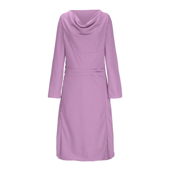 cfhntfmh Fall Dresses for Women Casual Long Sleeve Crewneck Pleated Tunic Dress Comfy Solid Color Knee Length Dress