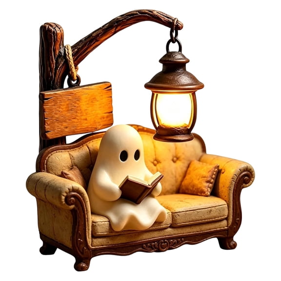 Mivyn Halloween Decorations - Cute Couch Ghost Reading Book Lamp, Halloween Ghost Night Light, Light up Ghosts Halloween Decorations for Indoor Home Table Centerpiece Bedroom Shelf (6 Inch)