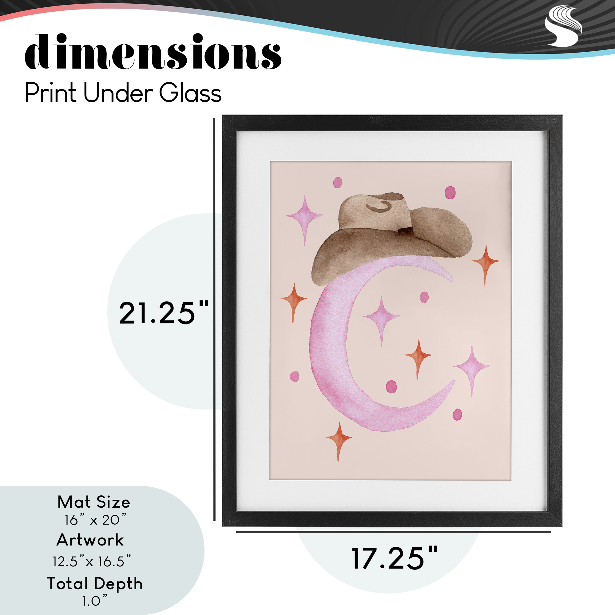 Moon Cowgirl Hat Black Framed Print Under Glass, design by Nina Jacobs