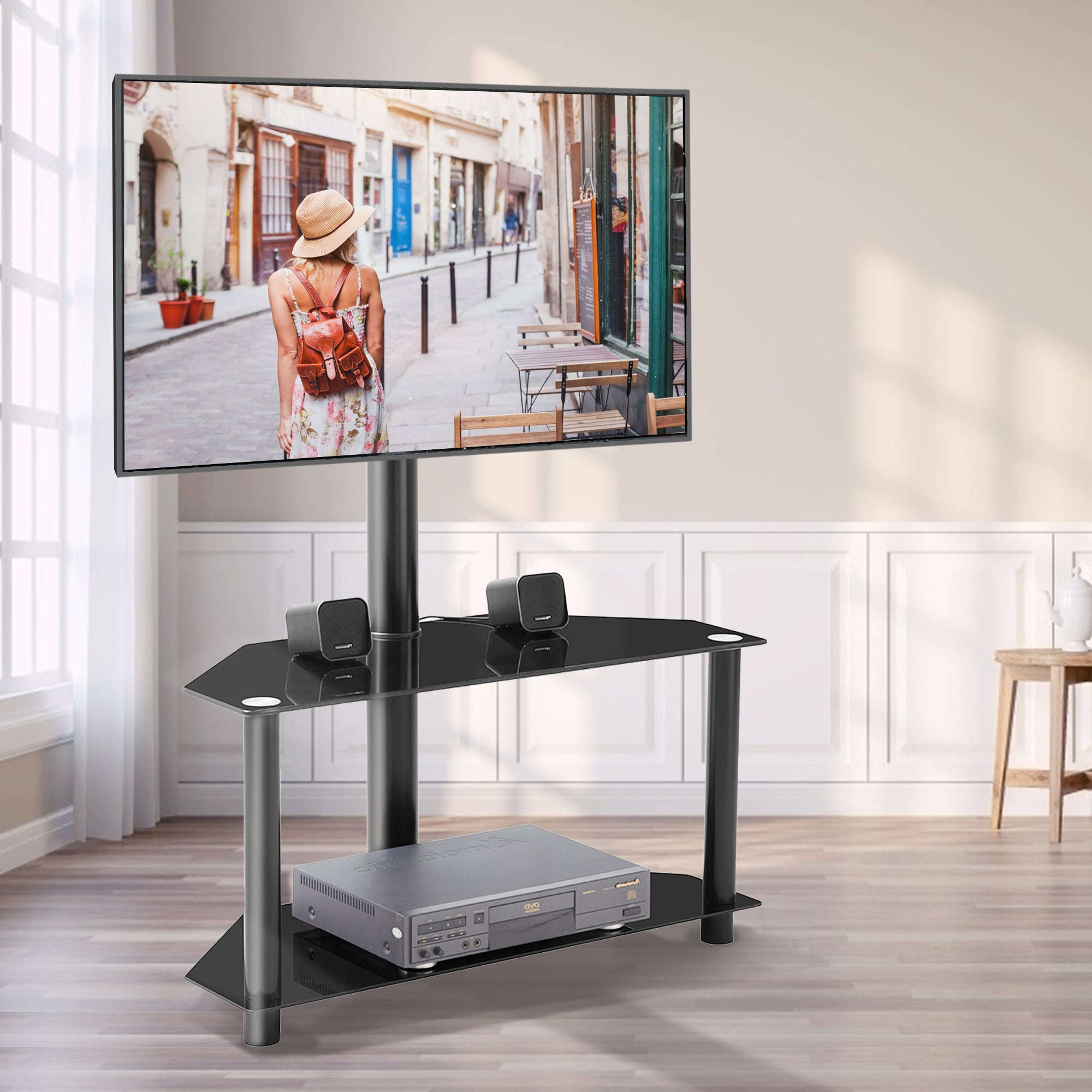 Corner TV Stand, 2 Tier Glass TV Stand for 32-55 inch LCD ...
