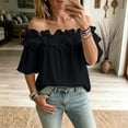 thumbnail image 4 of Uootdi Beach Tops for Women Off The Shoulder Ruffle Trim 3/4 Flare Sleeve Plain Soft Woven Loose Fit Coastal Holiday Cute Summer Tops for Women, 4 of 5