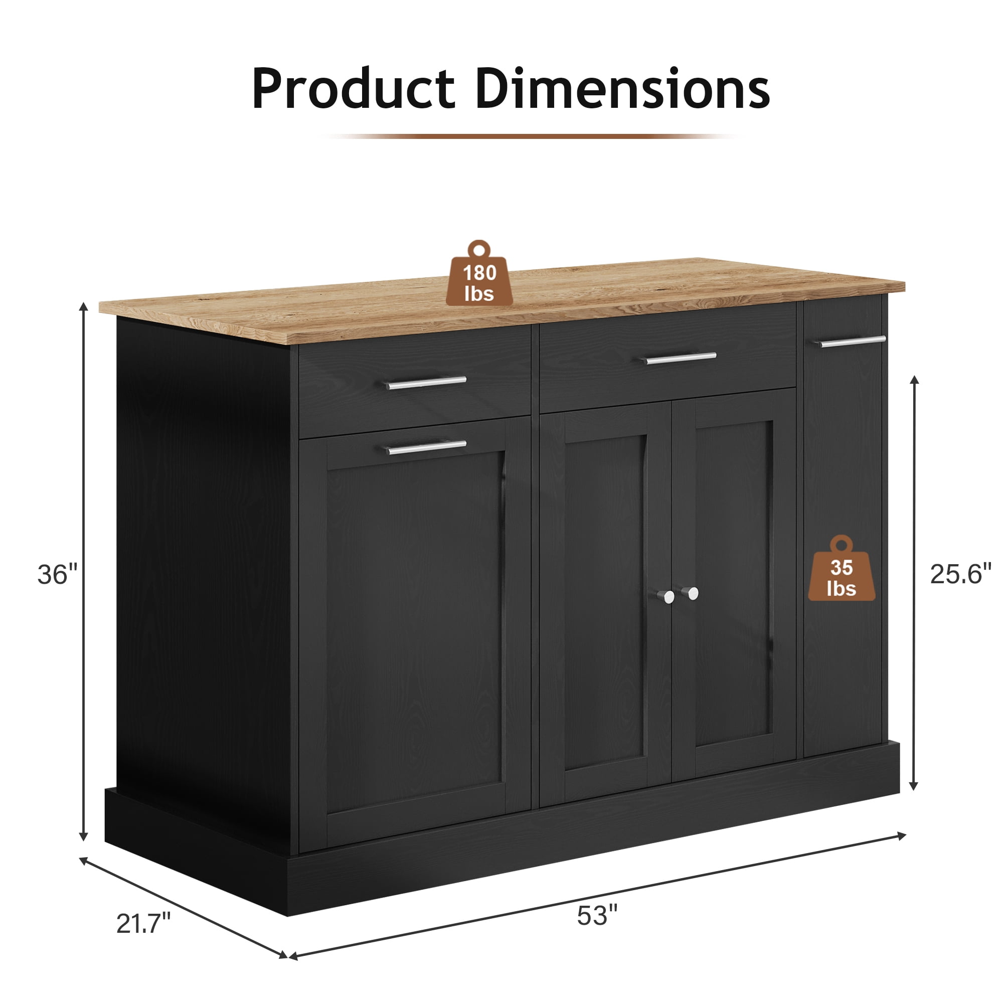 DreamCurship 52" Kitchen Island with Storage, Rolling Kitchen Cart Island with Wheels, Tilt Out Kitchen Trash Cabinet 10 Gallon Storage, 3 Large Spice Racks and 2 Drawers, Black and Brown