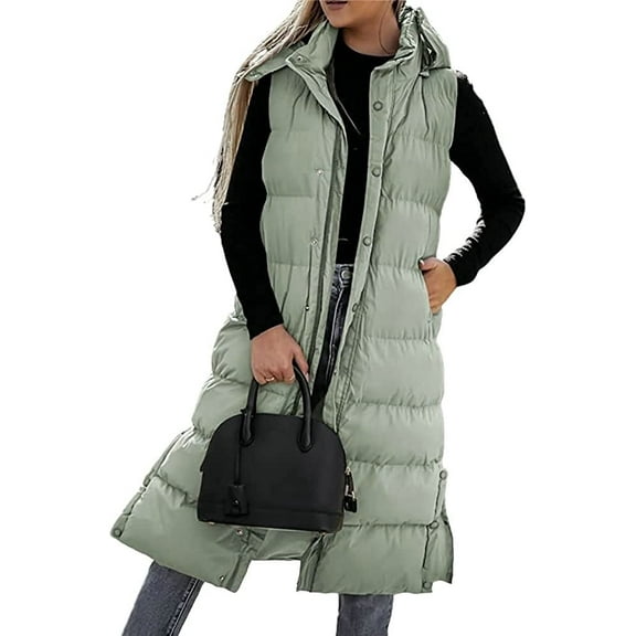 CoCopeaunt Women Hooded Long Vest Sleeveless Warm Lightweight Quilted Down Puff Gilet Vests Winter Trendy Outerwear Coats