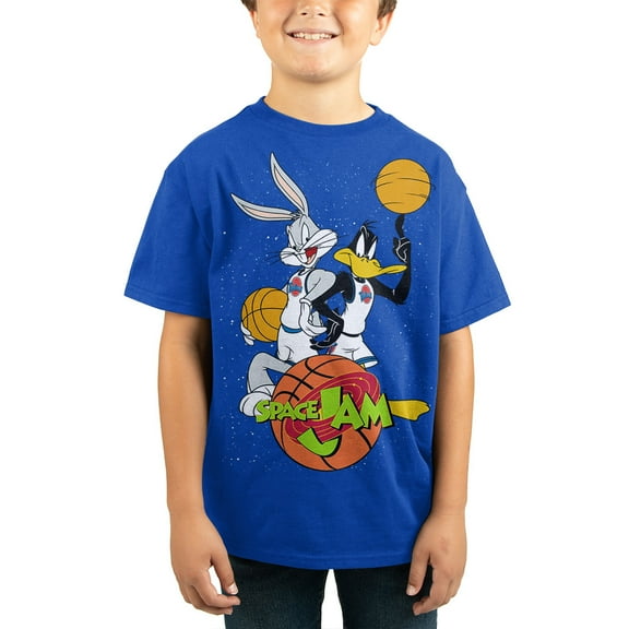 Space Jam Looney Tunes Cartoon Youth Boys Blue Shirt-Medium