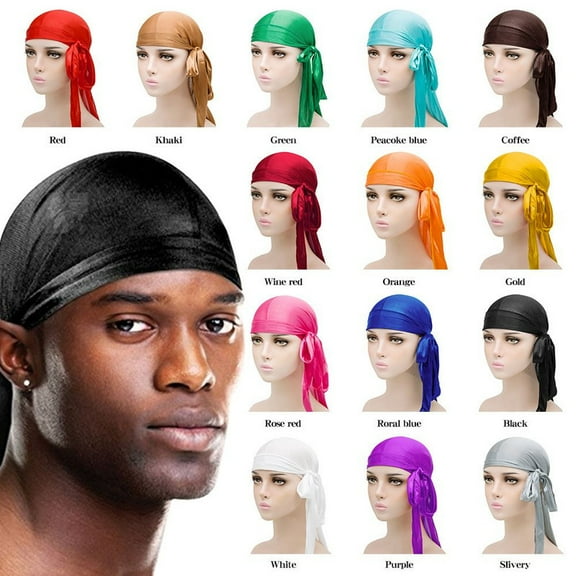 Vorkoi Men Women Durag Extra Long-Tail Headwraps Silky Satin Pirate Cap Bandana Hat for 360 Waves Black
