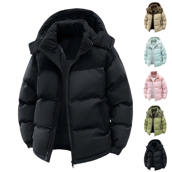Puffer Jacket Men Hooded Long Sleeve Solid Color Thick Velvet Lined Casual Jacket Warm Winter Coat for Cold Protection