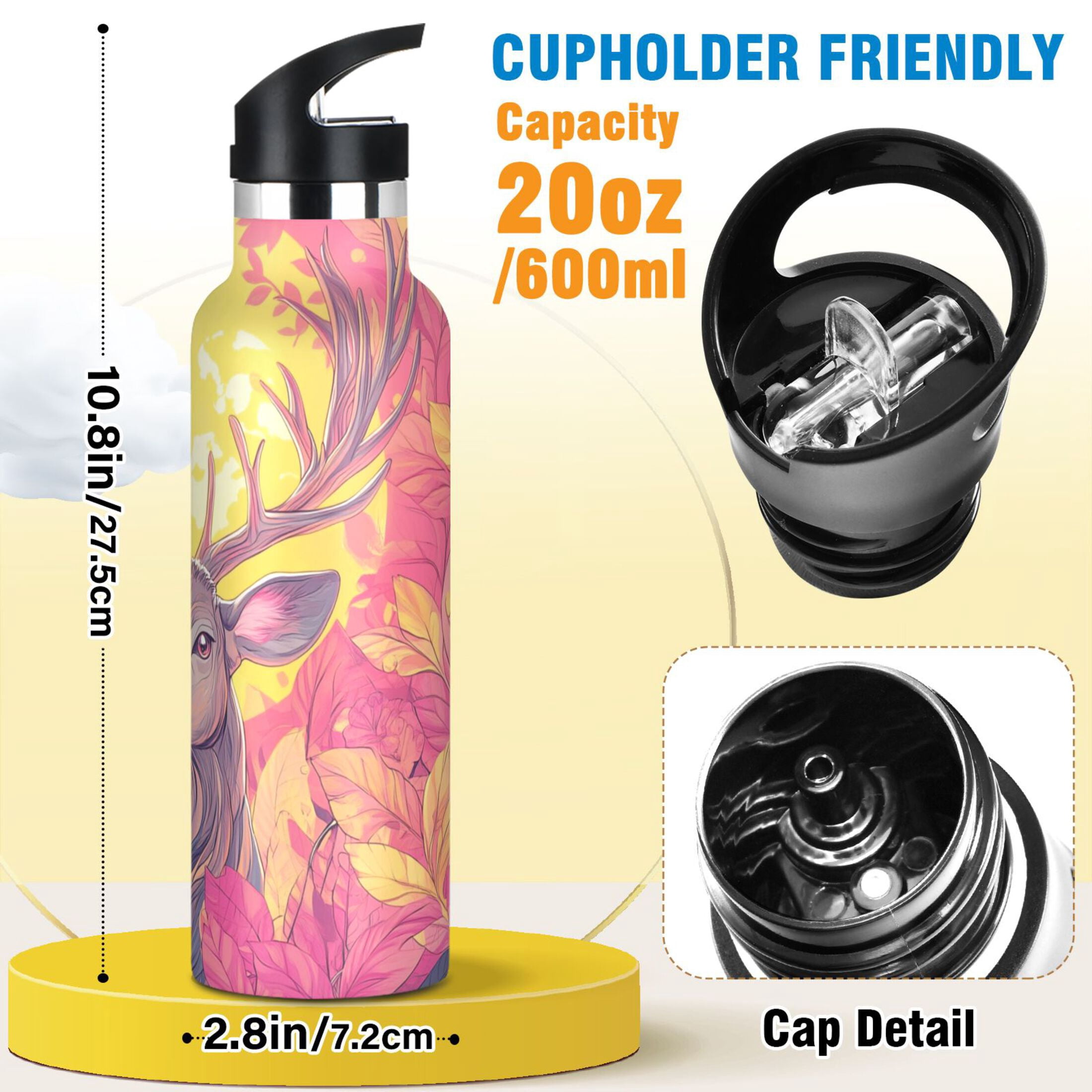 Kids Insulated Stainless Steel Sports Water Bottle 600ml (20oz), BPA-Free Deer with Massive Antlers