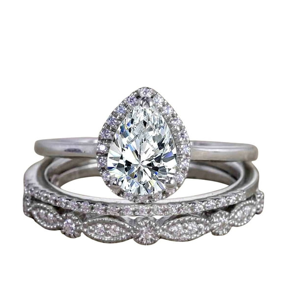 Pear Cut 2.50 Carat Moissanite and Moissanite Wedding Trio Ring Set with 18k Gold Plating