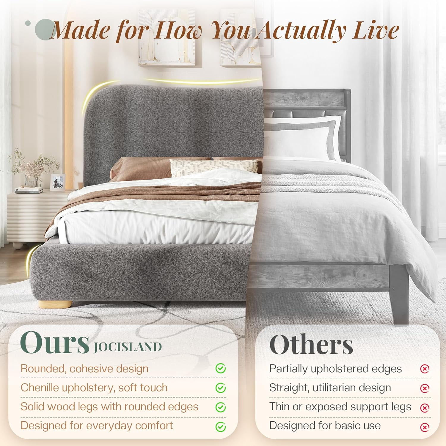 VanAcc Full Size Cloud Bed Frame, 7.1" Thick Curved Headboard, Modern Upholstered Platform Bed, Easy Assembly, Chenille Dark Grey