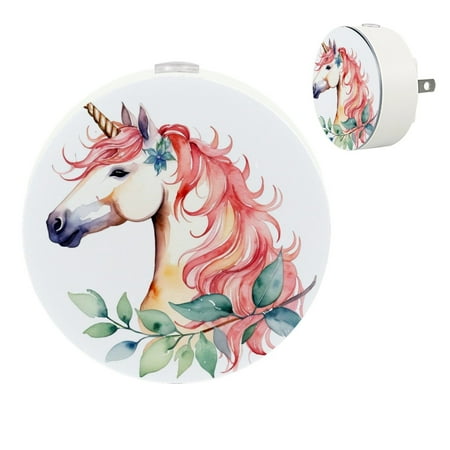 

LED Night Lights Plug into Wall 2-Pack 0.5W Plug in Night Light Dusk to Dawn White Bright Nightlight for Bedroom Bathroom Hallway Kitchen Watercolor Unicorn Cartoon Pink
