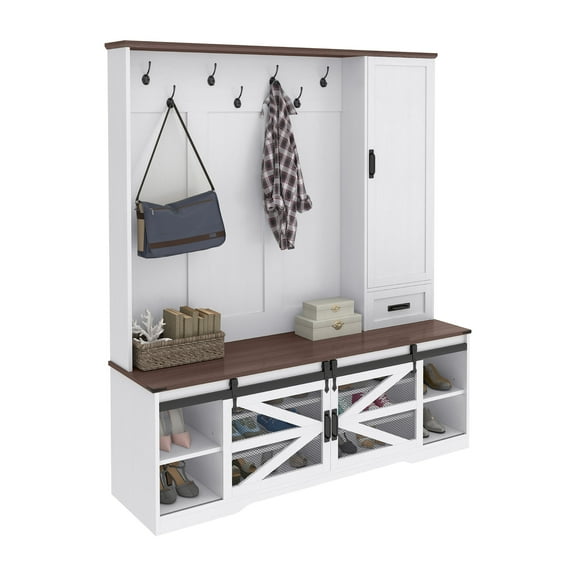 Craftian Hall Tree with Coat Rack, Shoe Storage Bench, Farmhouse Entryway Storage Organizer