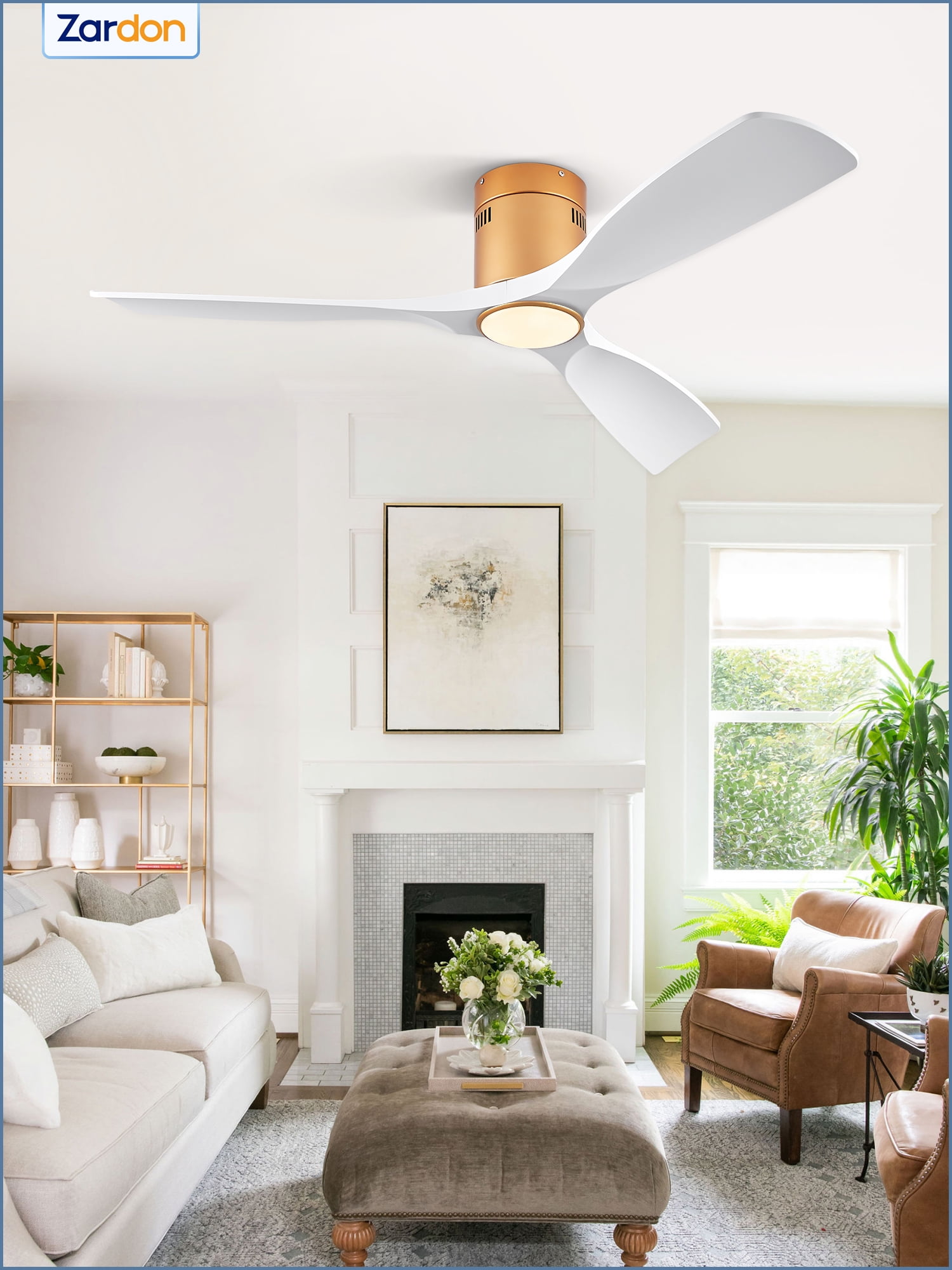 Zardon 52in Ceiling Fans with Remote Control and Light, 6 Speeds Reversible DC Motor, for Bedroom, Living Room, Indoor, Outdoor, White and Gold