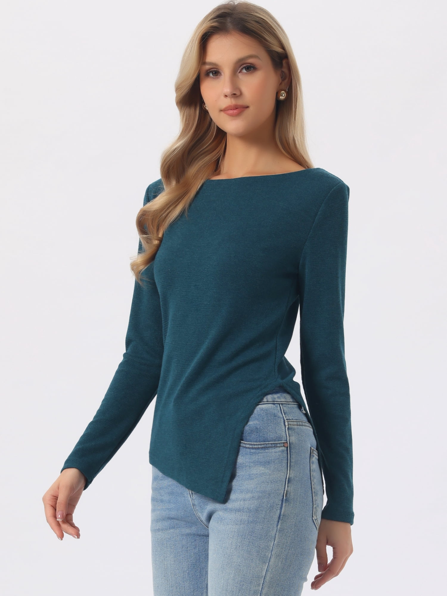 DARING DIVA Women's Spring High Low Stylish Boat Neck Pullover Sweaters L Blue Green