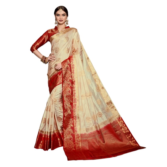 Sarees for Women Banarasi Art Silk l Tradional Indian Wedding Diwali Gift Sari with Unstitched Blouse Cream