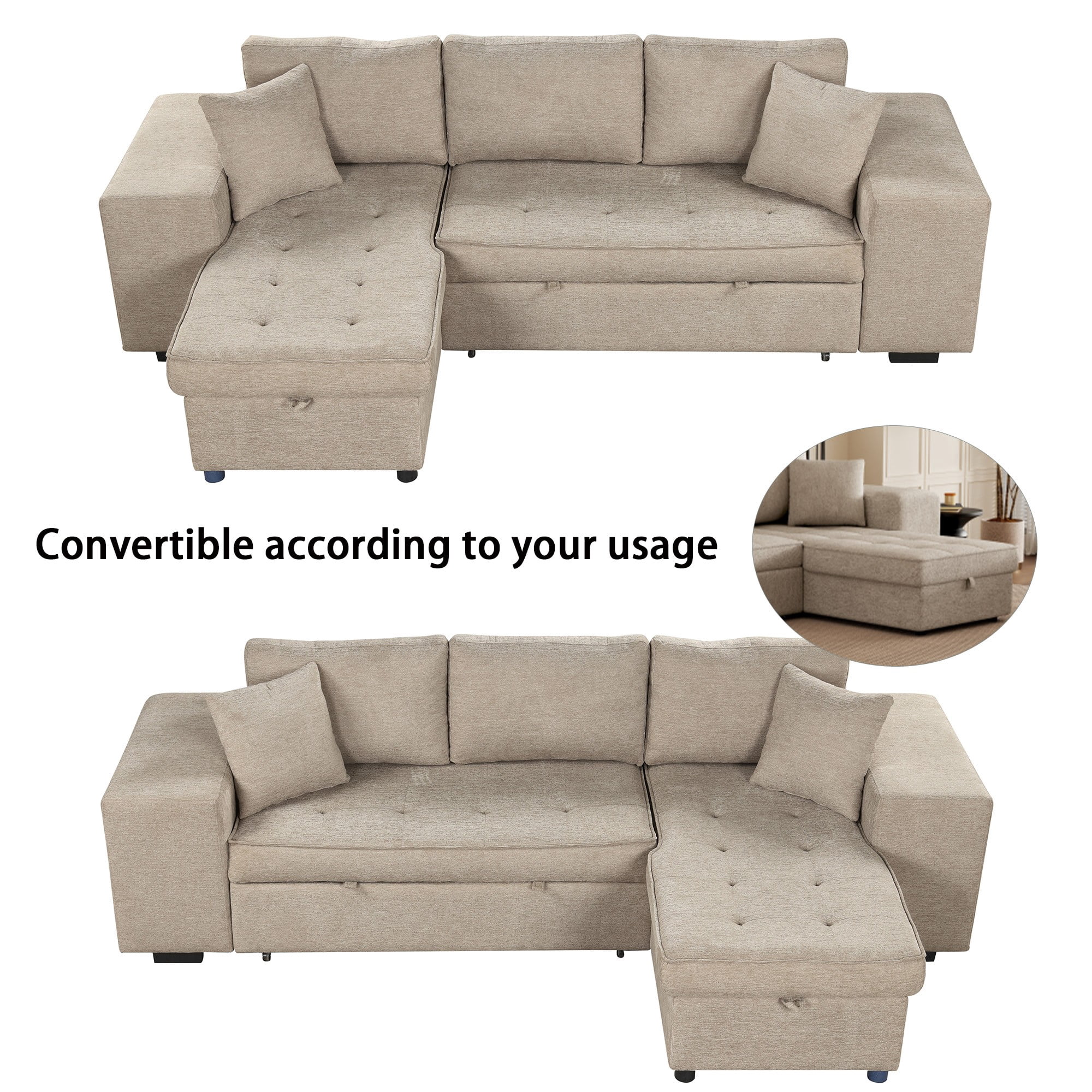 104.5" 3 Seat Reversible Sectional Couch, L-Shape Modern Pull Out Sleeper Sofa with Storage Chaise and 2 Stools for Living Room,khaki
