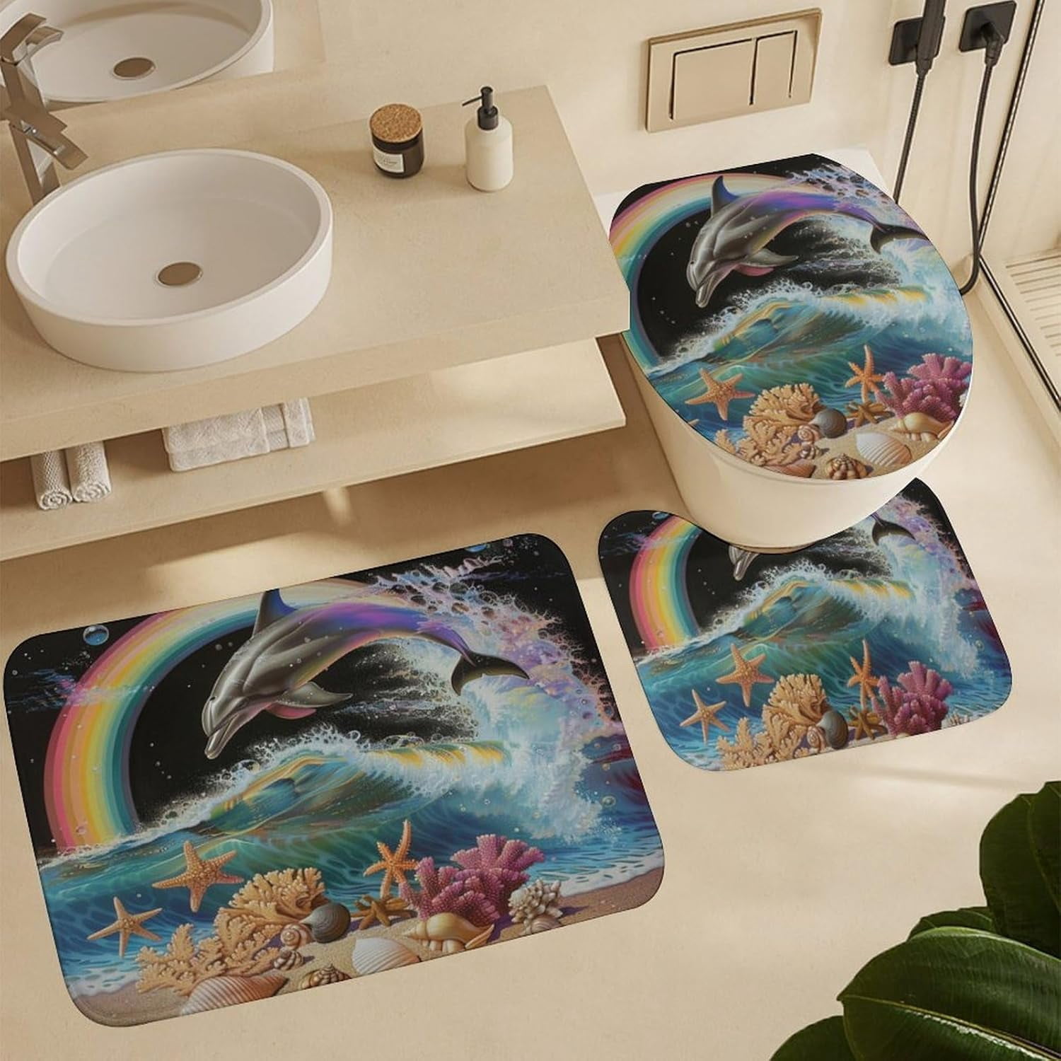 4Pcs Colorful Ocean Dolphin Shower Curtain Sets, Bathroom Decor Set with Rugs, Bath Mat Sea Shell Rainbow Shower Curtain, 72 X 72 Inch