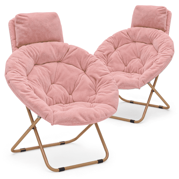 Monibloom Round Folding Faux Fur Saucer Chair w/ Removable Headrest, Comfy Moon Chair, Metal Frame, for Adults Indoor Use (Light Pink, Set of 2)