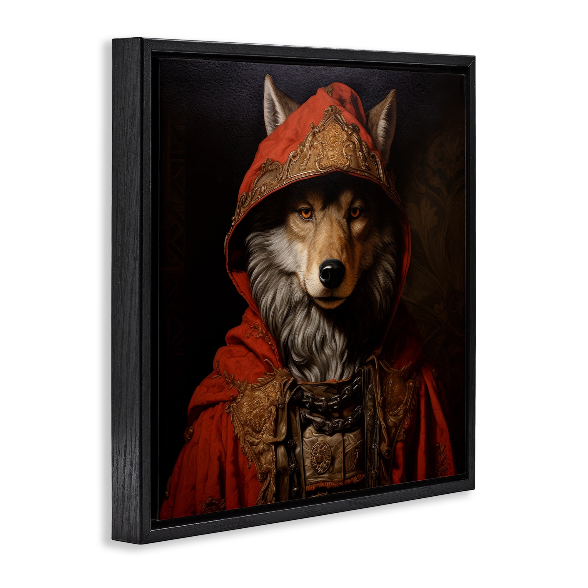 Stupell Industries Wolf with Red Cloak Animals & Insects Painting Black Floater Framed Canvas Art Print Wall Art, 25 x 25
