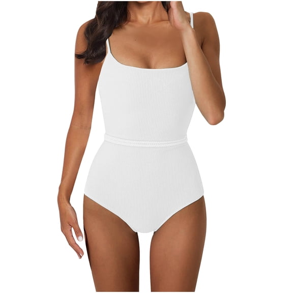 Staron Women's Solid Color Belted One Piece Swimsuit Vintage Strappy Back Swimdress with Removable Padded Bra High Elastic Waistband Tankini Beach Pool Party, White L