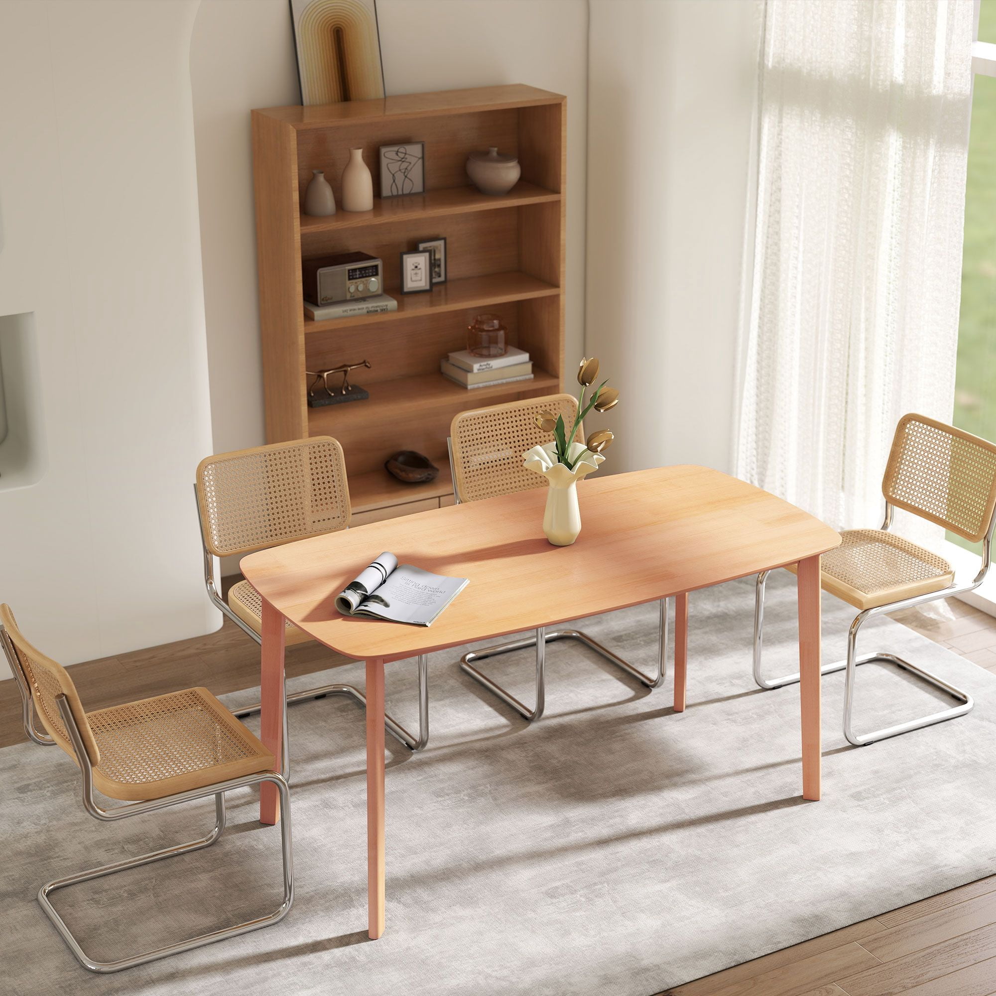 47.2" Rectangle Rustic Dining Table for 6 People, Solid Pine Wood Frame Dinner Table with Round Safety Corners, Non-Slip Foot Pads Supports 66 LBS for Kitchen Dining Room