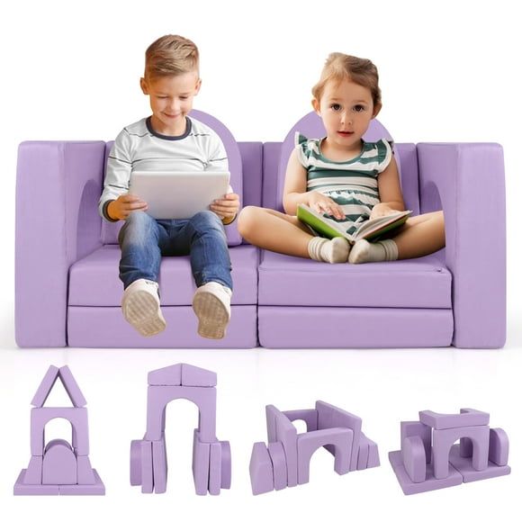 Gymax 8 PCS Modular Kids Play Couch Sofa w/ Suede Fabric Cover High-Density Foam Purple