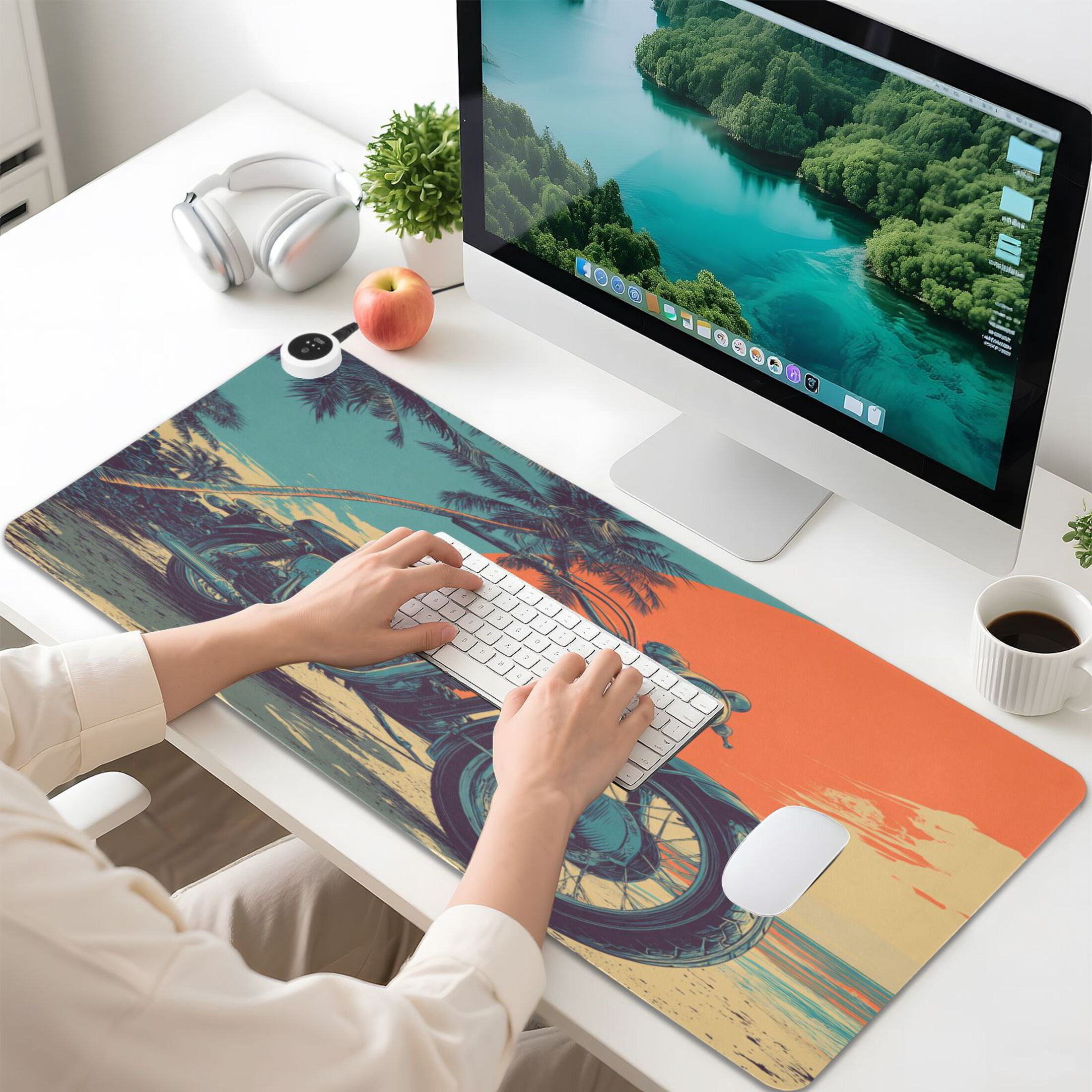 Large Heated Desk Mat Mouse Pad 31.5"x13"PU Leather Graphene Heating Desk Warmer with 3 Temperature Settings 110V US Plug Non-Slip Warm Pad for Home, Office, and Gaming Retro Bike Tropical Sunset