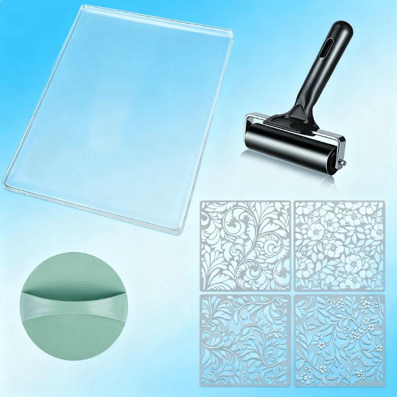 7pcs Printmaking DIY Kit - Reusable Gel Printing Plate with Brayer Roller, Baren & Stencils, Art & Craft Supplies for DIY Cards Scrapbooking Journaling, Painting Tools, Christmas Gifts for DIY Lovers