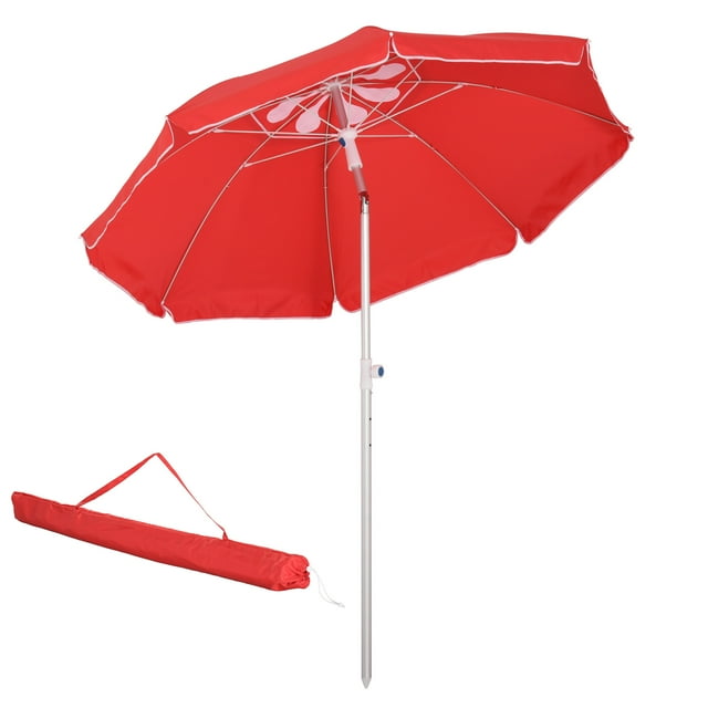 Outsunny Parasol de Plage Arqué 6,4 Pi avec Mât en Aluminium, Design Pointu, Inclinaison Réglable, Sac de Transport pour Patio Extérieur, Rouge
