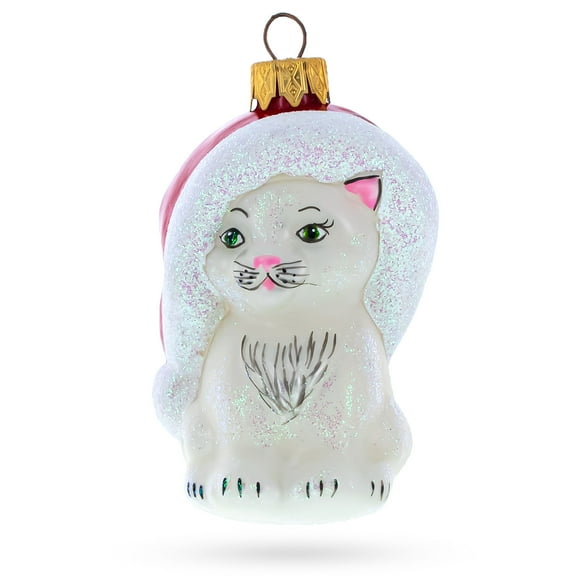 White Cat In Santa Hat Glass Christmas Ornament