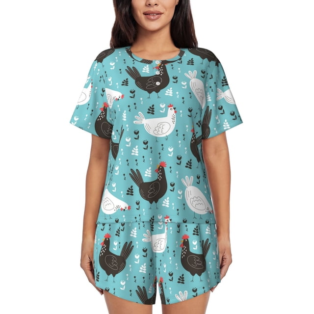 Xecao Lovely Roosters Pattern Women's Short Sleeve Pajama Set Soft Sleepwear Lounge Set with Button Front Top and Drawstring Shorts with Pockets-Small