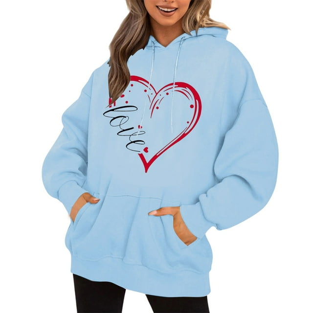 WEAIXIMIUNG Chandails en Molleton pour Femmes avec Poches Manches Longues Col Rond Poche Imprimé Cœur Saint-Valentin