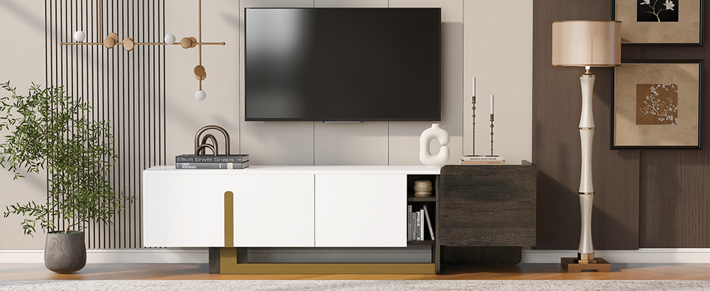 Euroco 66.7'' Light Luxury TV Stand for TVs up to 70 Inches, Modern TV Cabinet with Metal Legs, 1 Drawer, 2 Cabinets and Adjustable Shelves for Living room