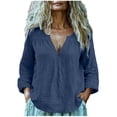 thumbnail image 5 of Endives Cotton Linen Shirts For Women V Neck Long Sleeve T Shirt Tee Casual Thin Breathable Blouses Summer Vacation Tops Navy, 5 of 7