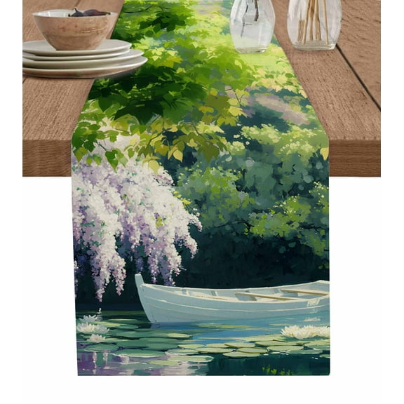Forest Green Table Runner 72 Inches, Pink Flowers Lake Boat Oil Painting Summer Bed Runner Dresser Scarves Tabletop for Indoor Outdoor Parties/Ceremony/Banquet, 18" x 72"