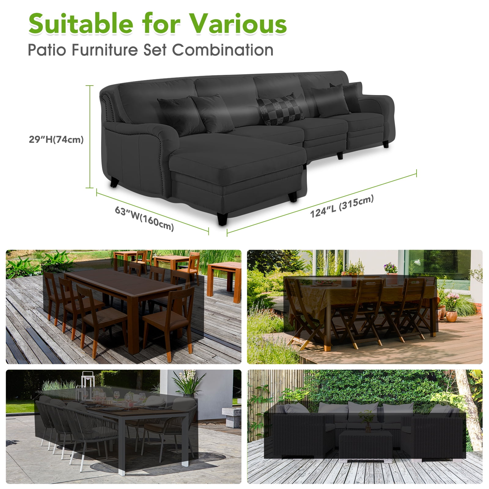 GARPROVM 124" x 63" x 29" Black Patio Furniture Set Cover, Waterproof