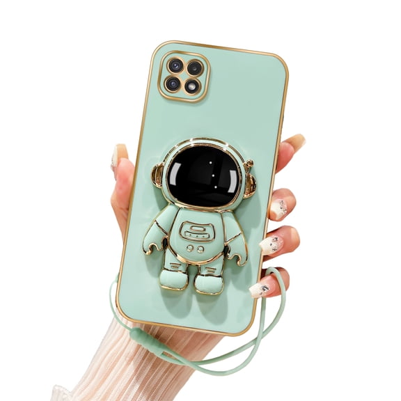 Annyojo for Samsung Galaxy A22 5G Phone Case [NOT for 4G] Cute 6D Astronaut Case with Stand Function,with Lanyard Luxury Plating Cover Luxury Case for Galaxy A22 5G Case, Cyan