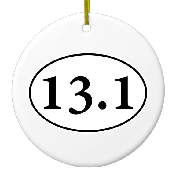 DistinctInk Hanging Ceramic Christmass Tree Ornament with Gold String - Great Gift / Present - 2 3/4 inch diameter - 13.1 - Half Marathon Sticker - Running