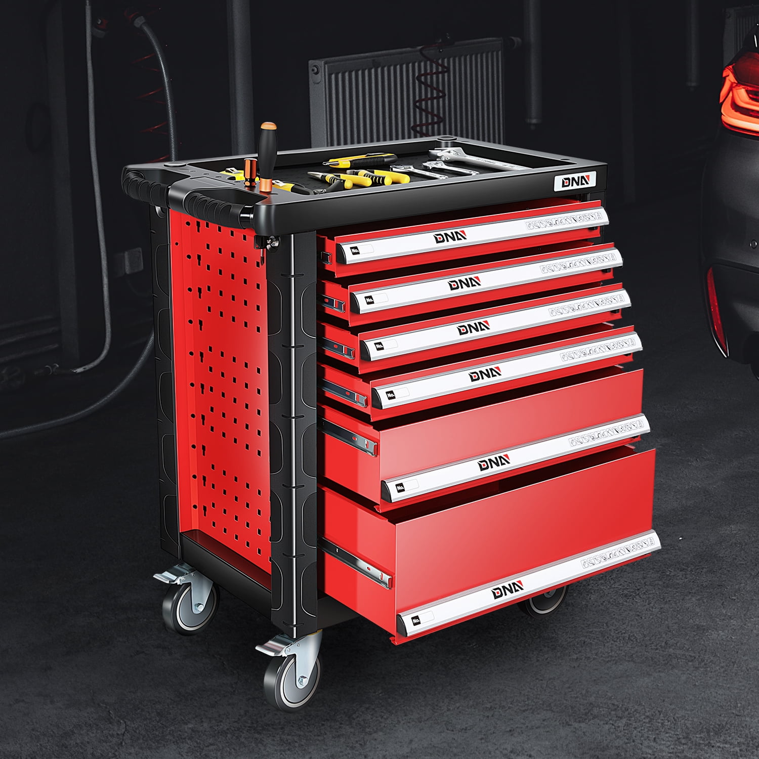 DNA Motoring TOOLS-00395 Garage Warehouse Workshop 6-Drawer Plastic Top Tray Rolling Tool Cabinet Chest With 4 Casters Red