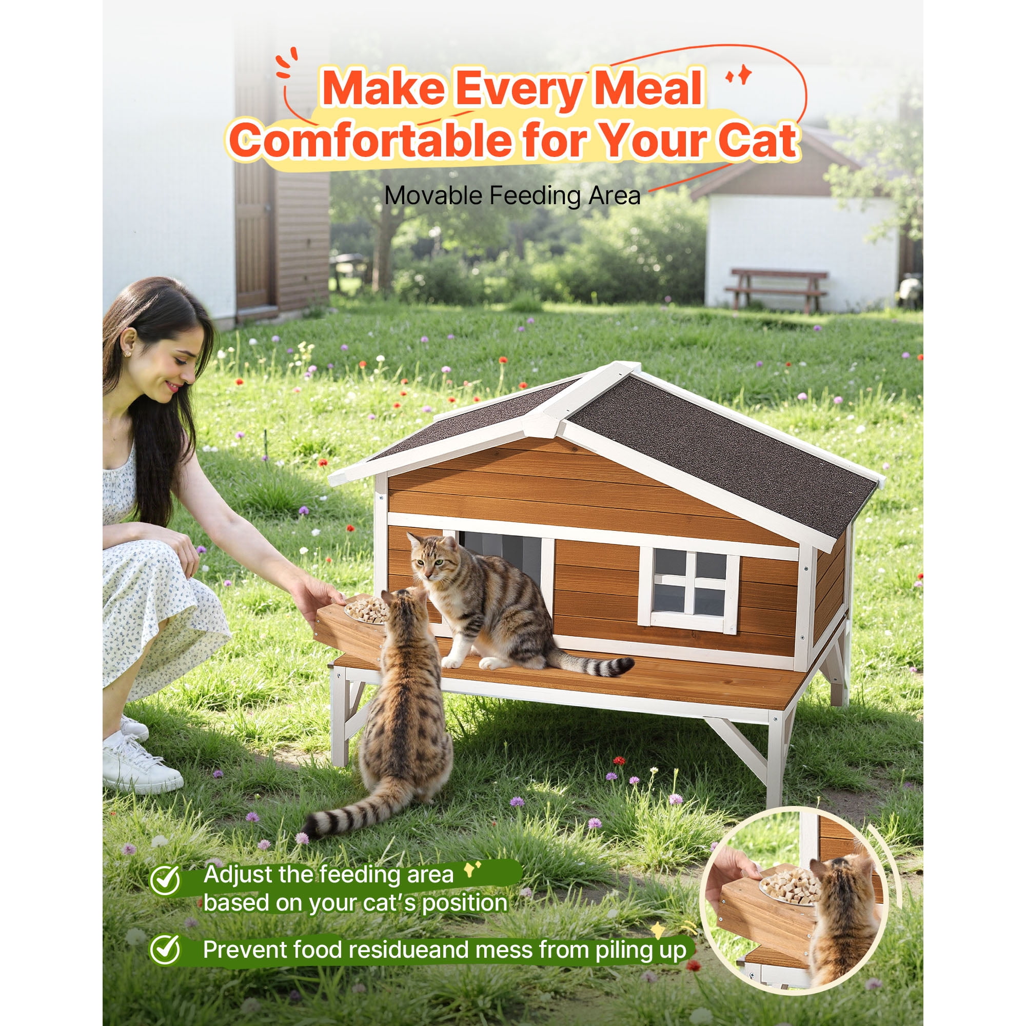 KFFKFF Insulated Wooden Cat House for Outdoor & Indoor Cats – 31‑Inch Weather‑Resistant Shelter,&nbsp; Spacious Platform,Brown