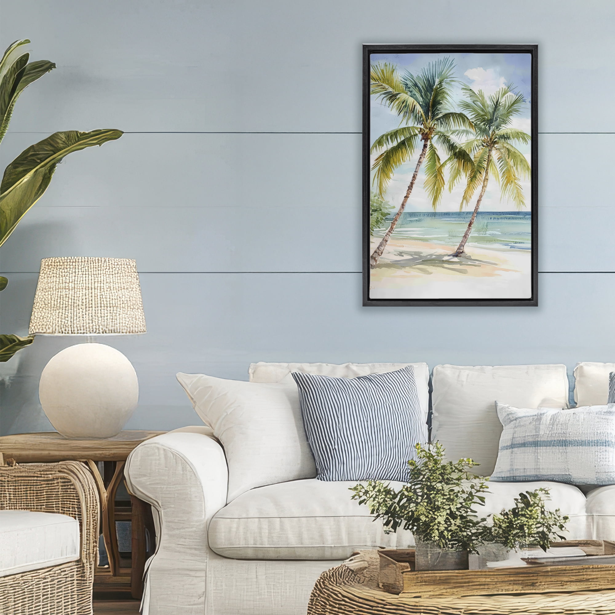 Stupell Industries Shady Palm Beach Escape Black Framed Floater Canvas Wall Art, design by Petal Prints Design