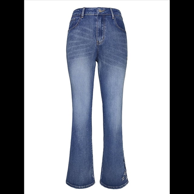 Vaqueros de Corte Acampanado, Elásticos, de Cintura Media y con Bordado Floral para Mujer, con Bolsillos Azul XXL