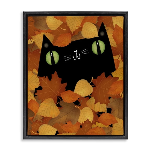 Stupell Industries Eclectic Whimsical Cat Peeking Fall Leaves Black Floating Frame Canvas Art, 17 x 21, by Gabriela Avila
