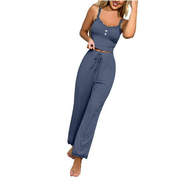 FAIWAD Ensemble de Pyjama 2 Pcs pour Femmes, Haut Court à Boutons et Pantalon Long avec Dentelle