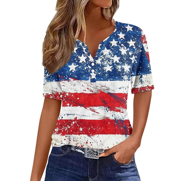 Mujeres Manga Corta de Verano Tops Día de la Independencia Impreso Cuello en V Casual Top, Imitación de Algodón Camisa Marco para las Mujeres, Lavado de Manos Primavera Y Verano