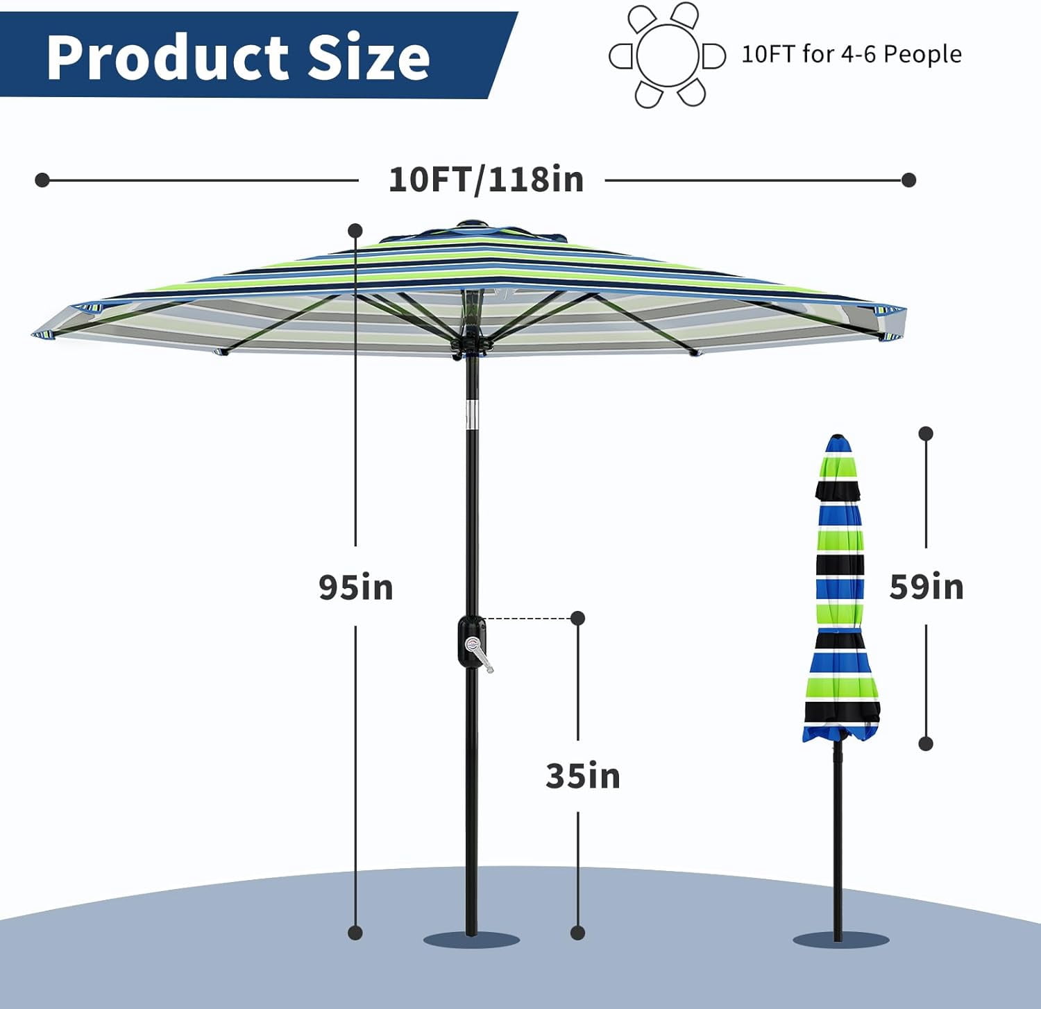 10 ft Outdoor Patio Umbrella 8 Sturdy Ribs Outdoor Table Umbrella with Crank Lift & Push Button Tilt - UV Protection Waterproof Market Umbrellas for Pool, Deck, Yard, Garden, Tricolor Stripes