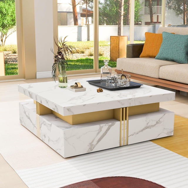Table Basse Moderne Blanche Carrée de 43,3 Pouces avec 4 Tiroirs, Rangement, Multiples Tables d'Appoint, Table Utilitaire pour Salon